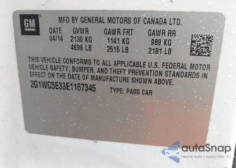 2014 Chevrolet Impala Limited Ltz z USA, uszkodzony, nr VIN 2G1WC5E33E1167345